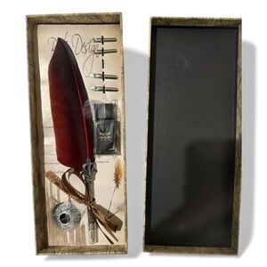 Vintage Style Feather Quill Dip Pen Writing Set Red Feather, Ink & 5 Nibs New